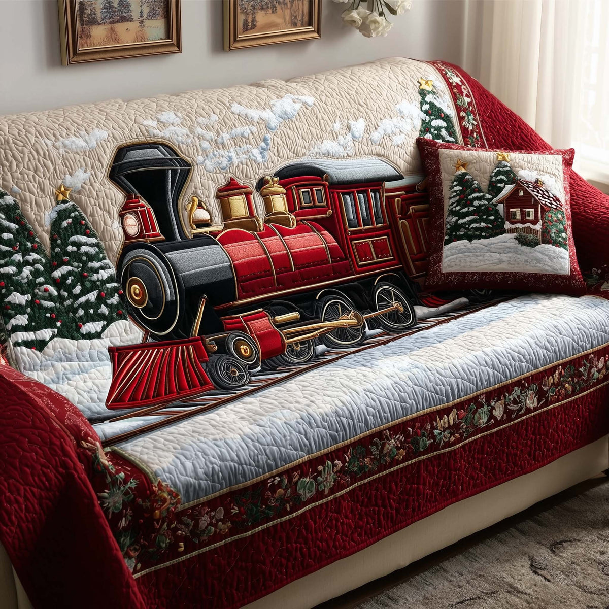 Red Locomotive Through the Snowy Pines Sofa Cover
