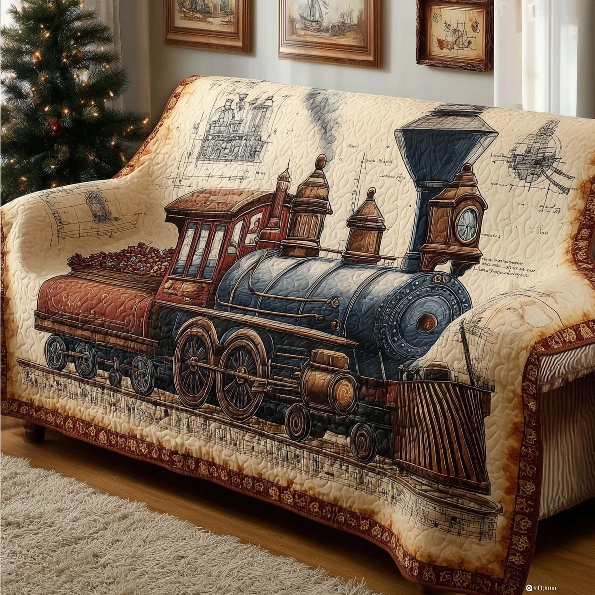 Blue Steam Engine Across the Atlas Sofa Cover