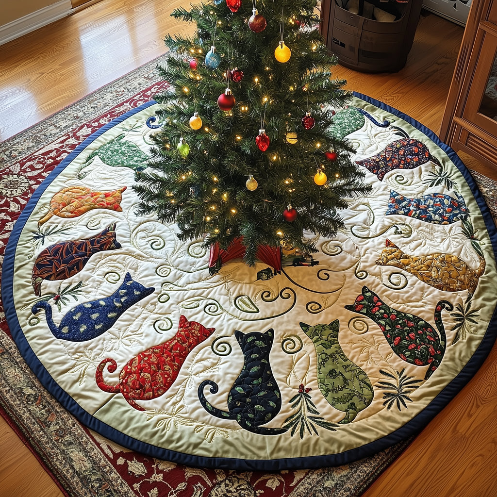 Patterned Cats on Ivory Swirls Christmas Tree Skirt