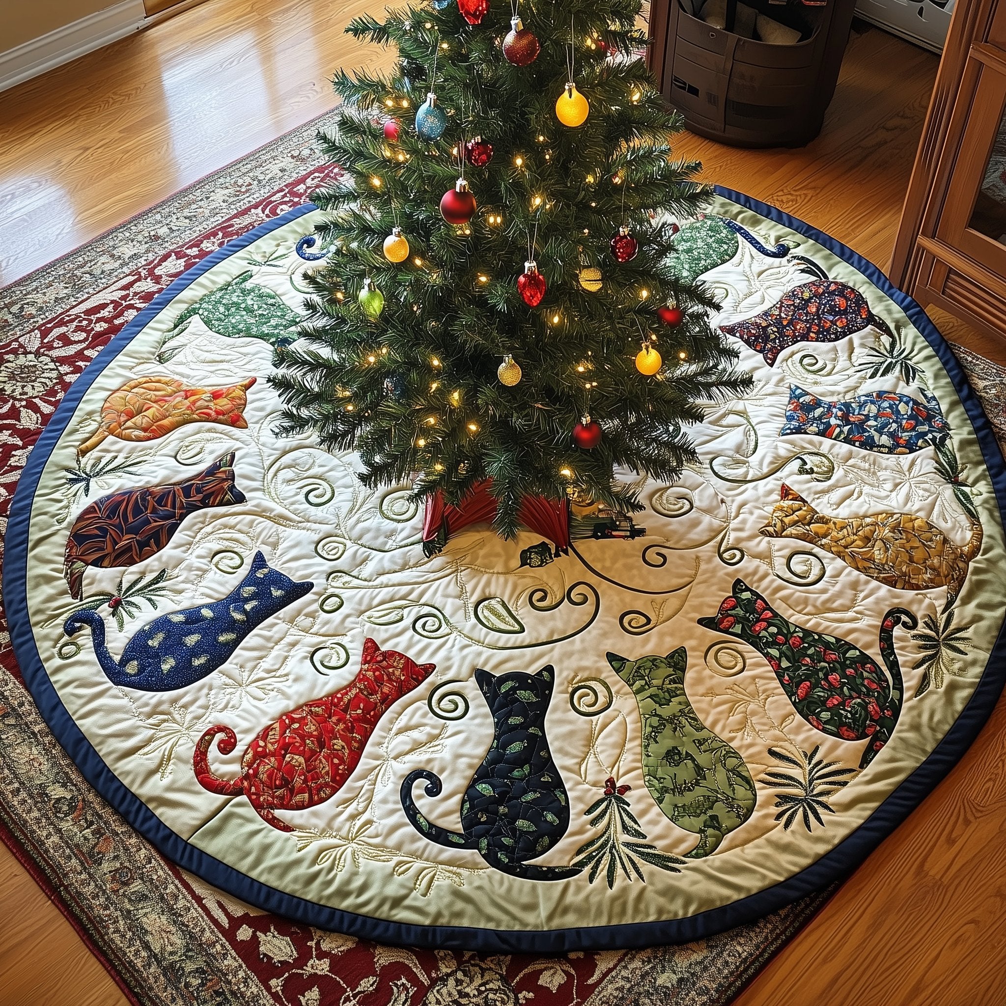 Patterned Cats on Ivory Swirls Christmas Tree Skirt