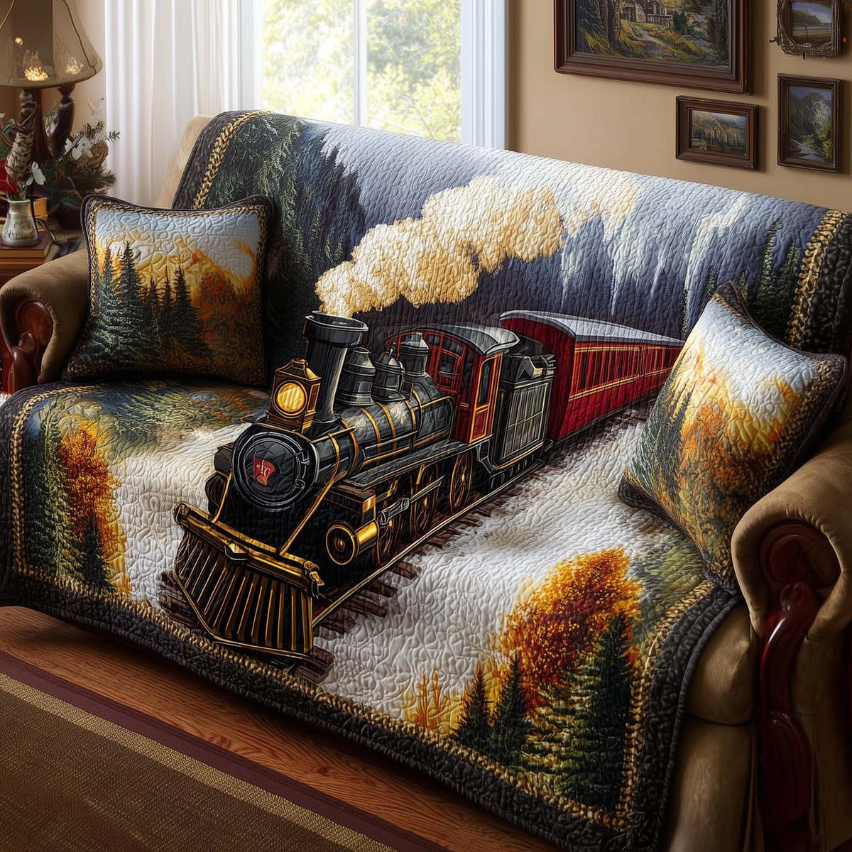 Steam Engine Along the Mountain Forest Sofa Cover
