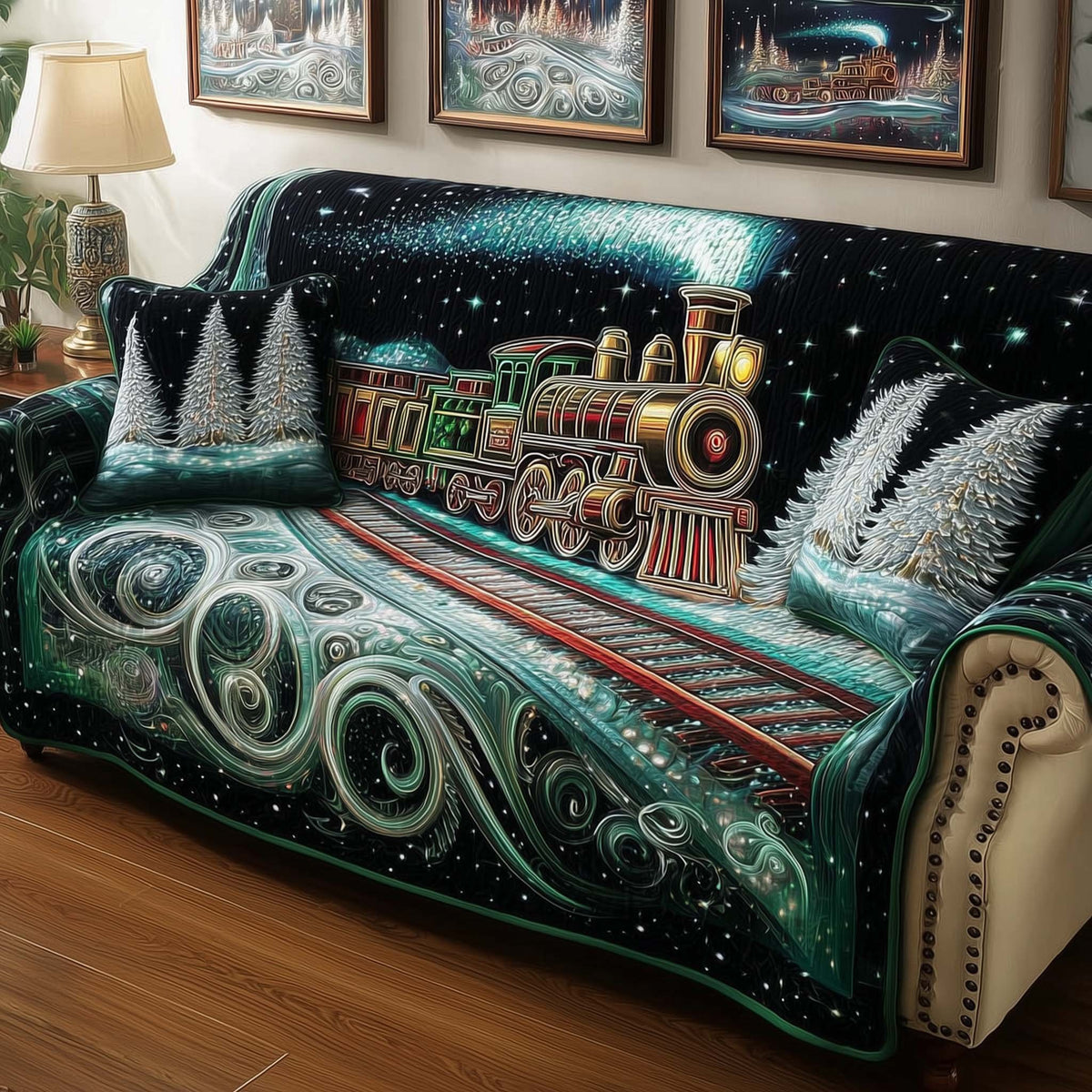 Green Train Above the Swirling Pines Sofa Cover