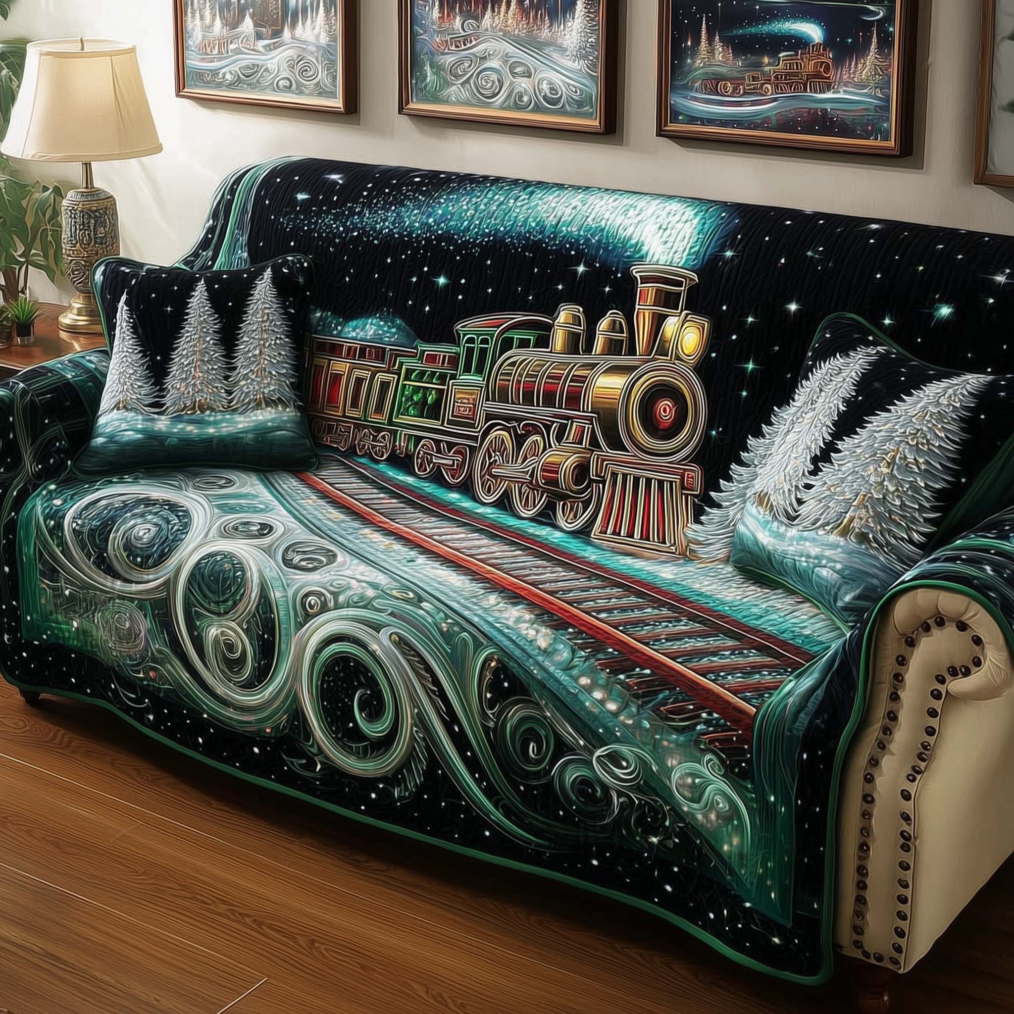 Green Train Above the Swirling Pines Sofa Cover