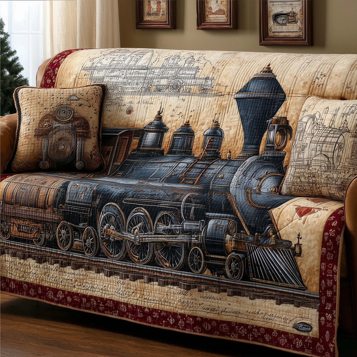 Black Locomotive on Aged Parchment Sofa Cover