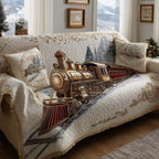 Brass Locomotive on Vintage Cream Sofa Cover