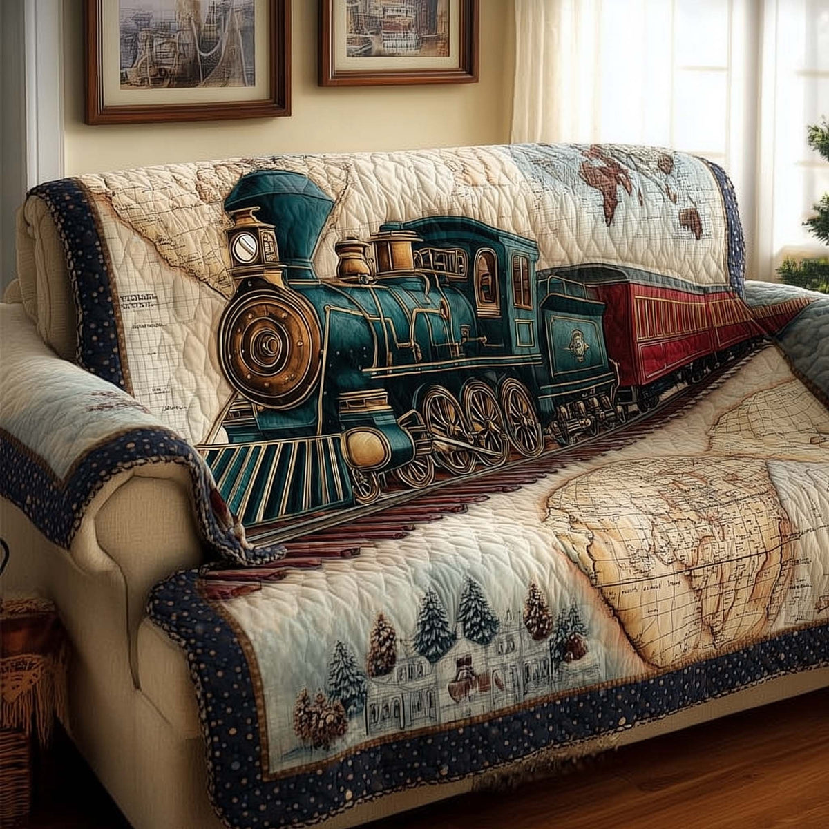 Teal Train with a Pine Tree Border Sofa Cover