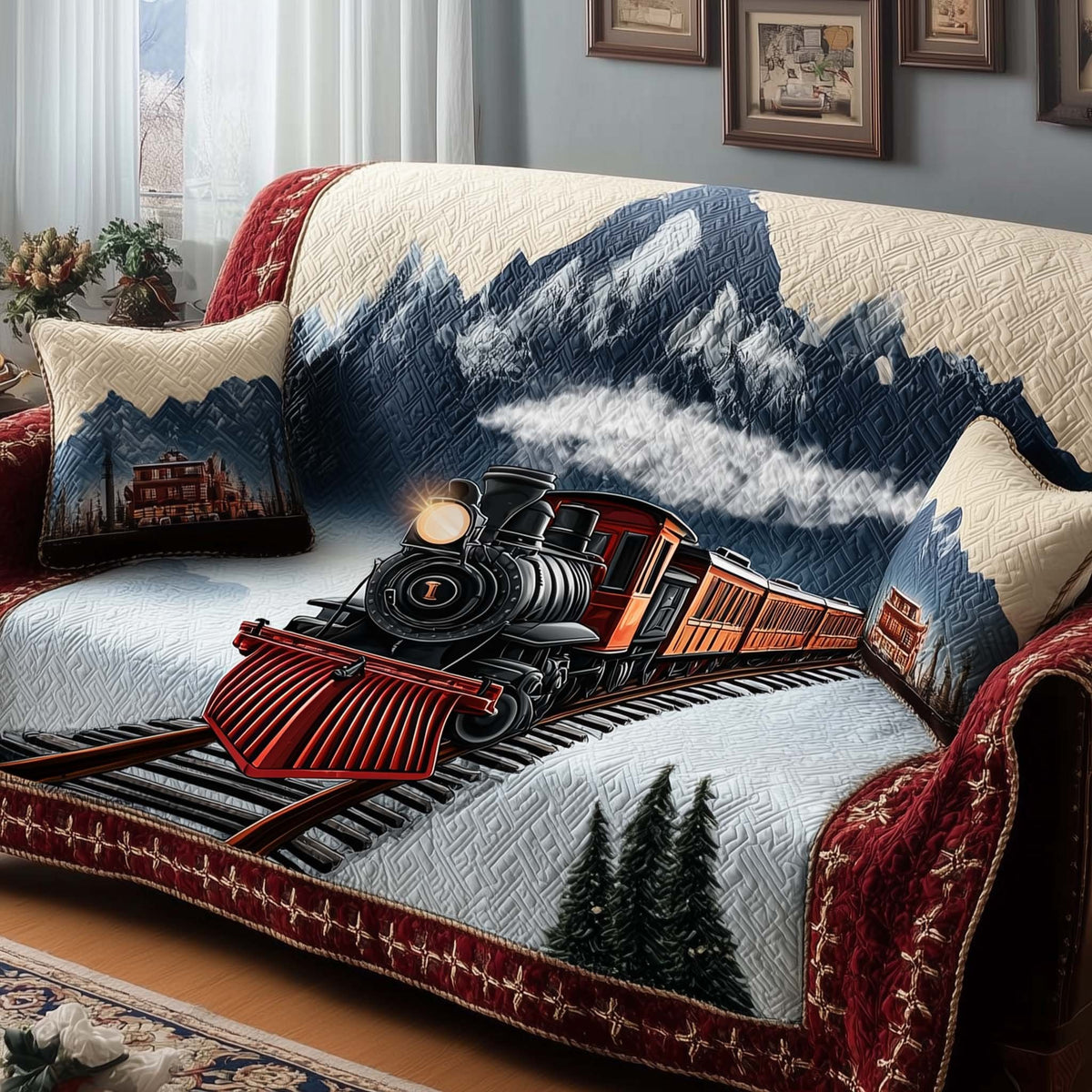 Black and Red Train in the Snowy Mountains Sofa Cover