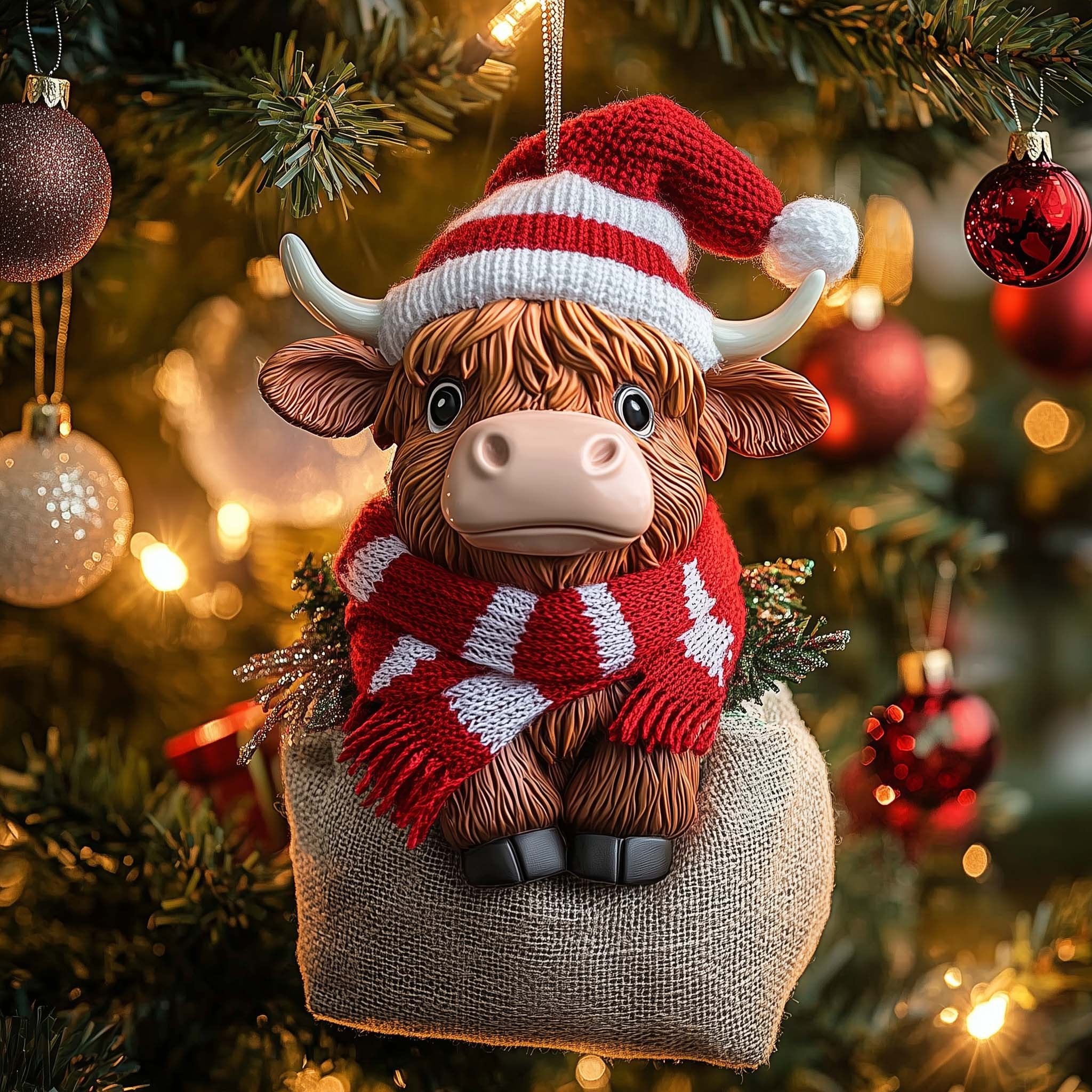 Highland Cow in a Candy Stripe Hat Christmas Ornament