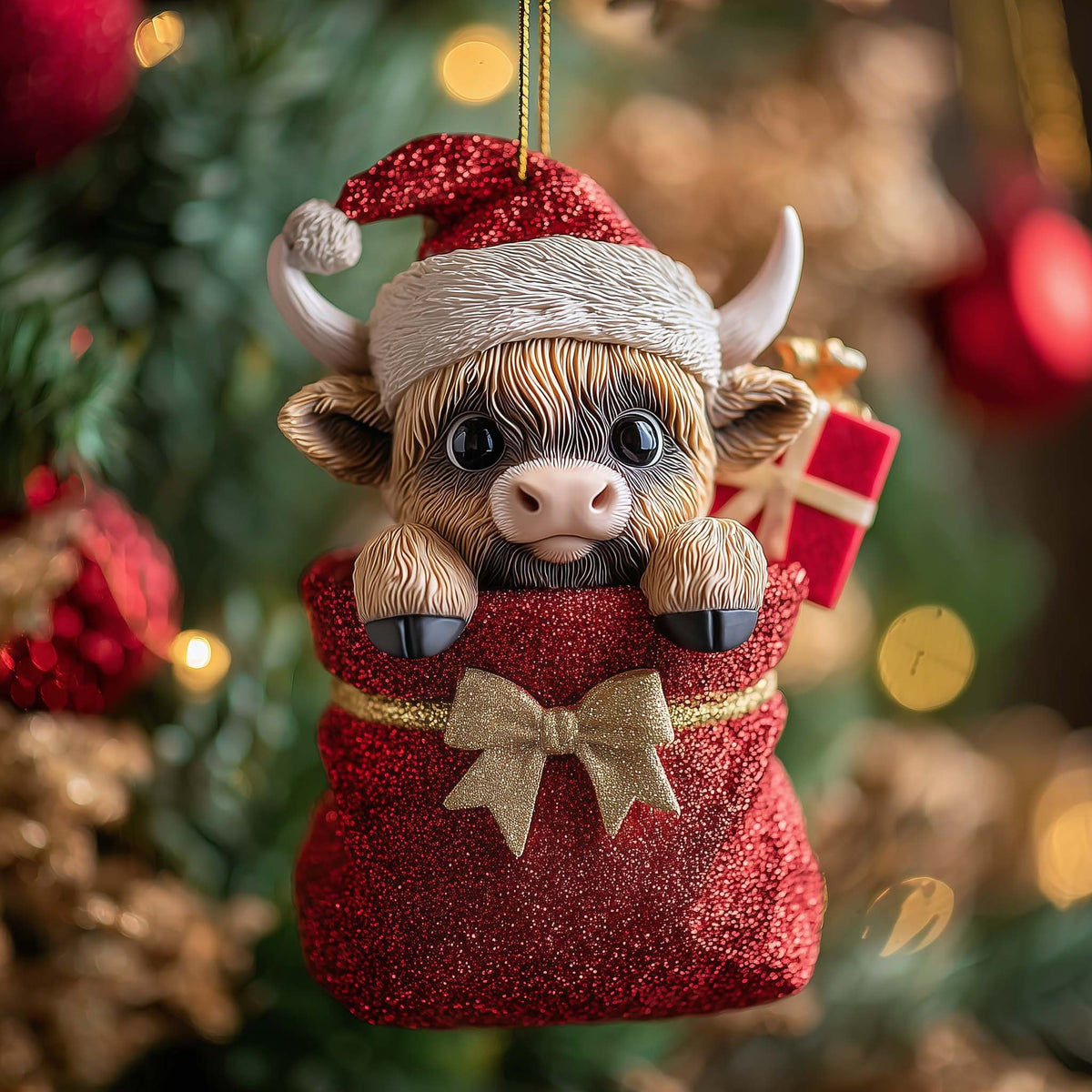 Highland Calf in a Red Gift Sack Christmas Ornament
