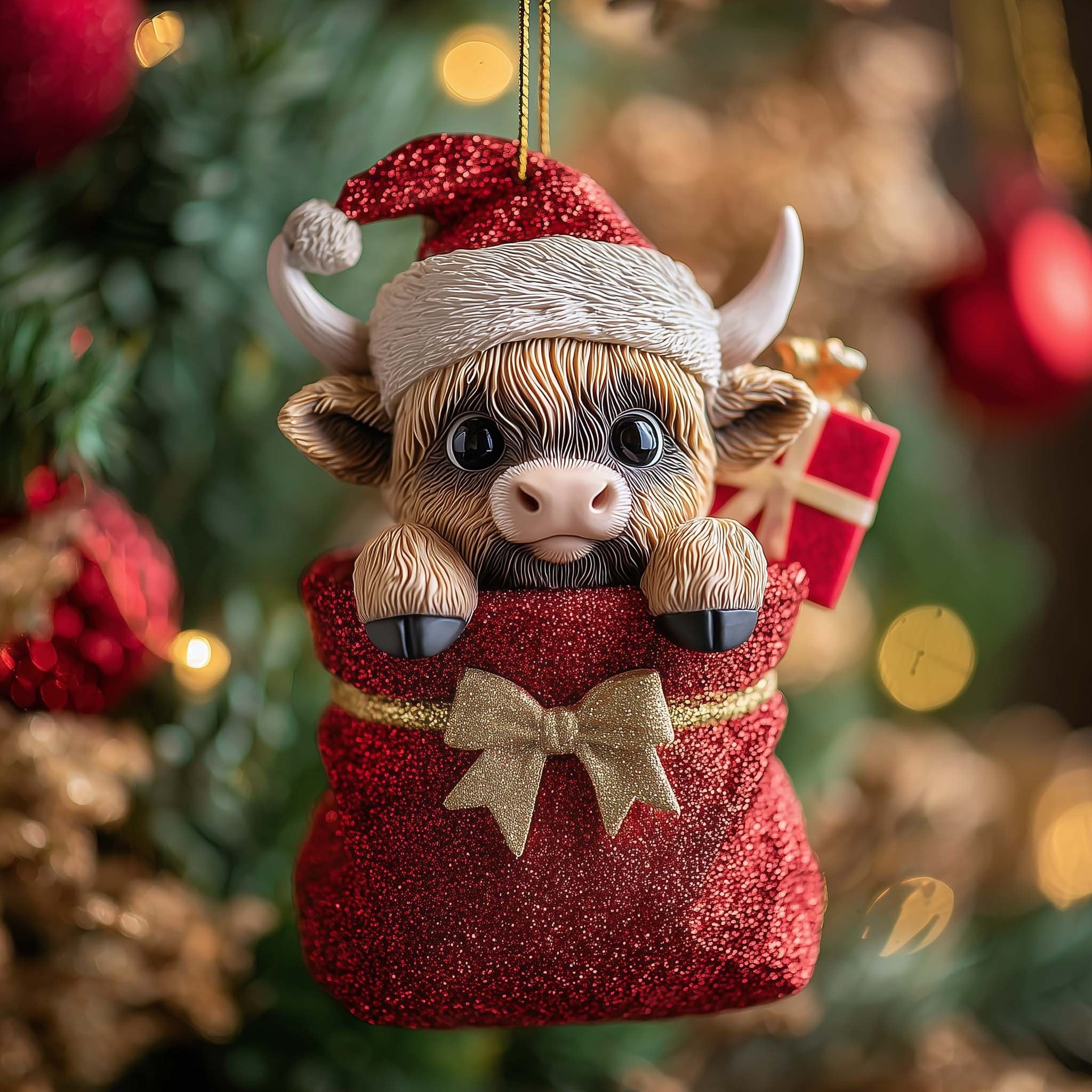 Highland Calf in a Red Gift Sack Christmas Ornament