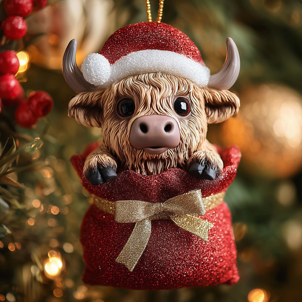 Highland Calf Peeking from a Sack Christmas Ornament