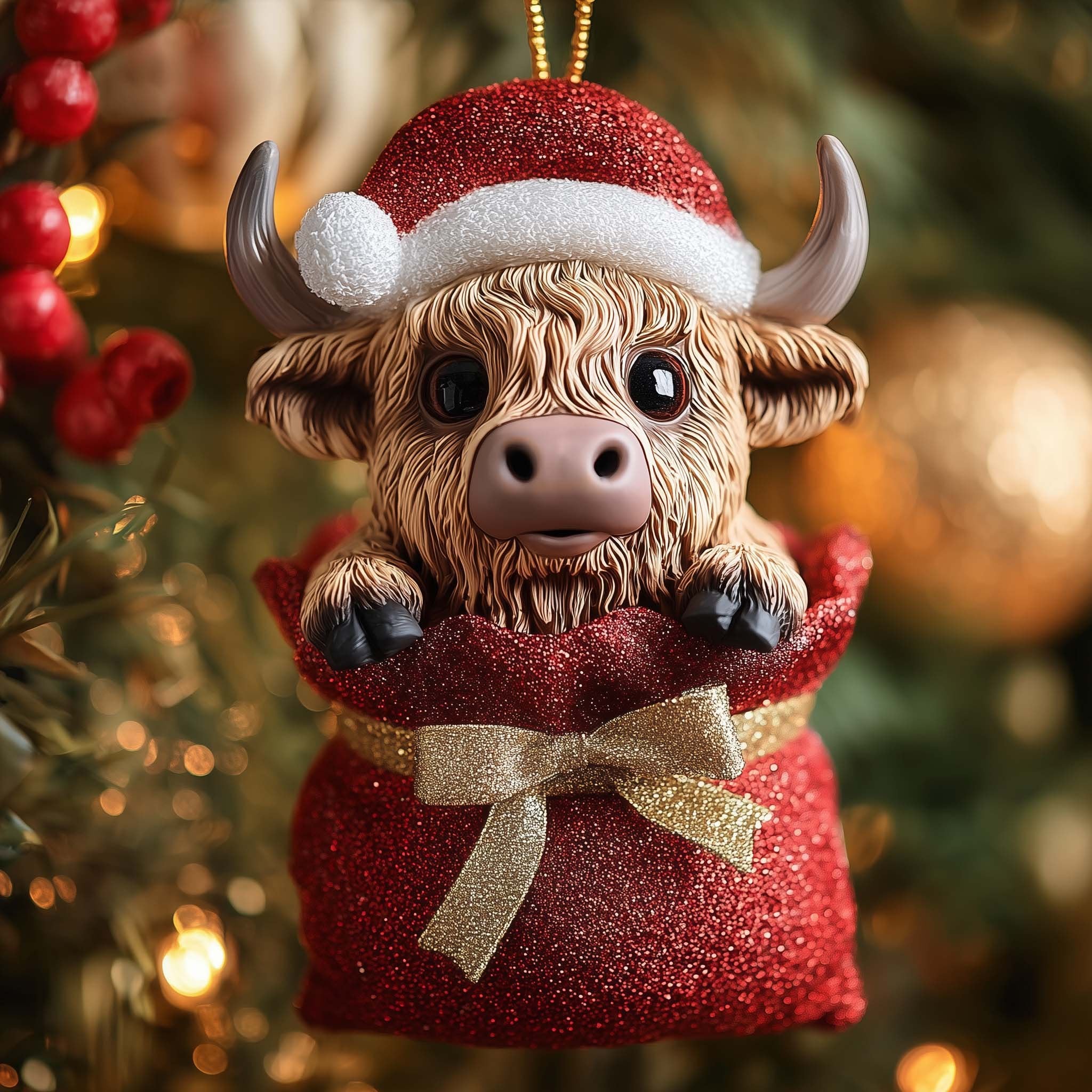 Highland Calf Peeking from a Sack Christmas Ornament
