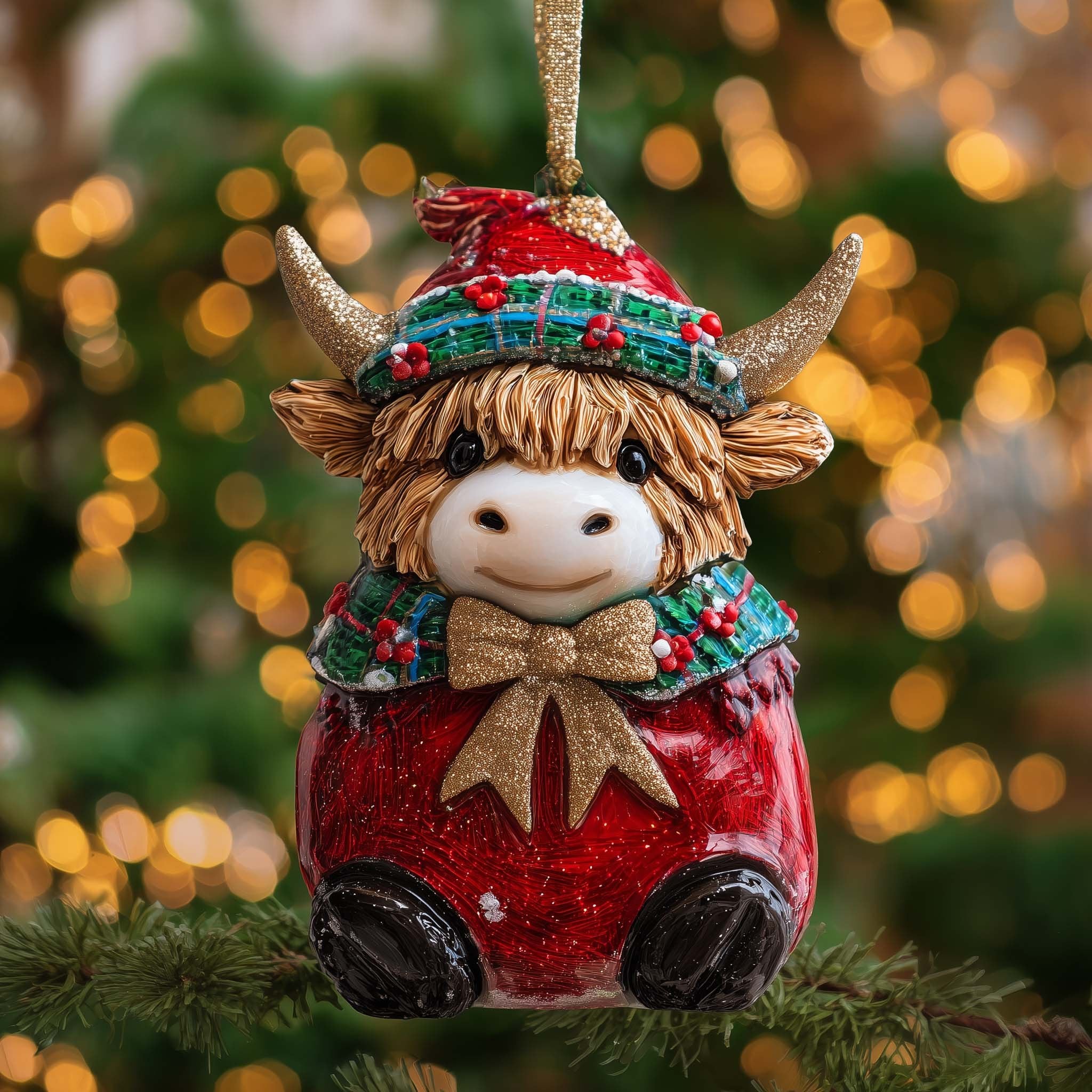 Highland Calf in a Holly Hat Christmas Ornament