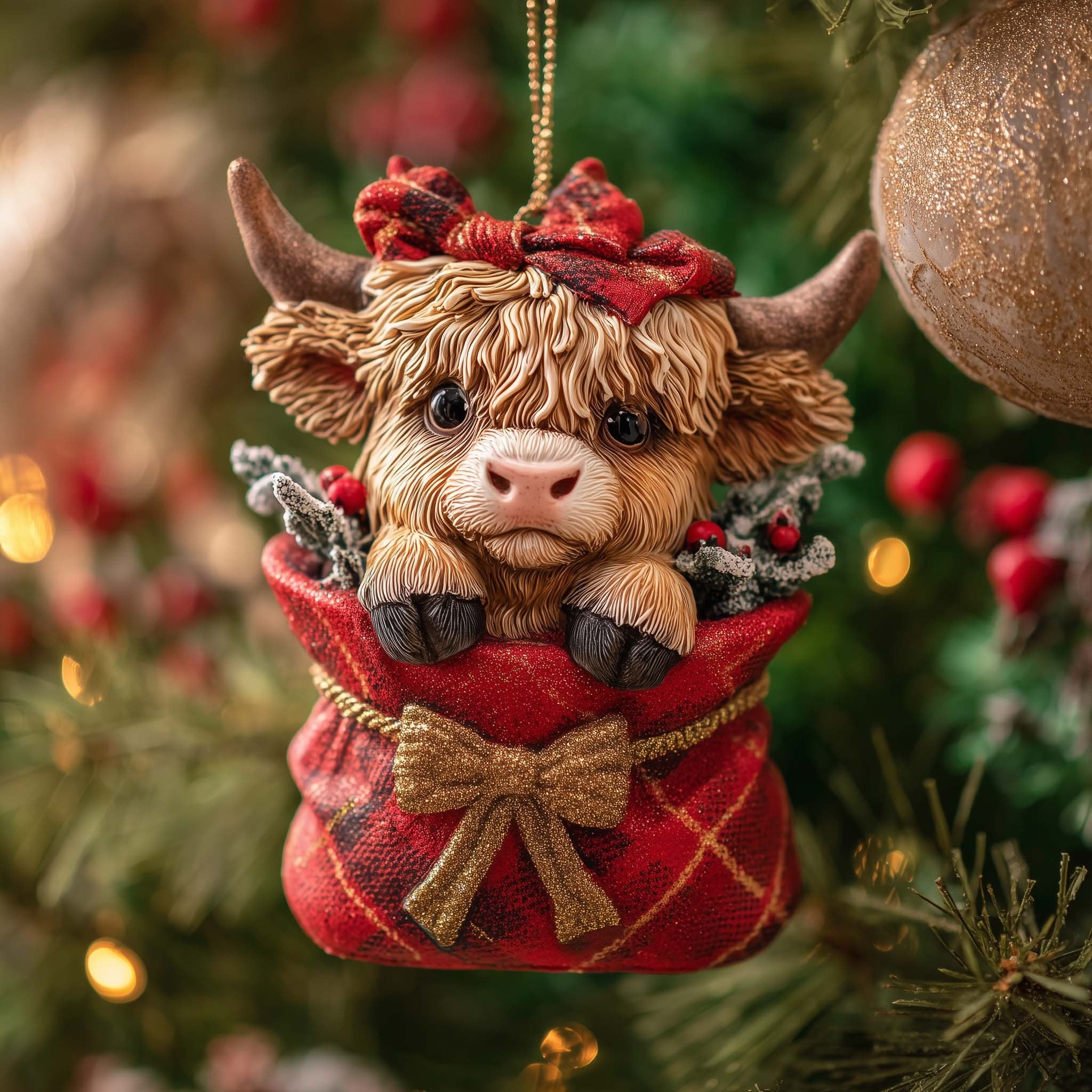 Highland Calf in a Gold Bow Sack Christmas Ornament