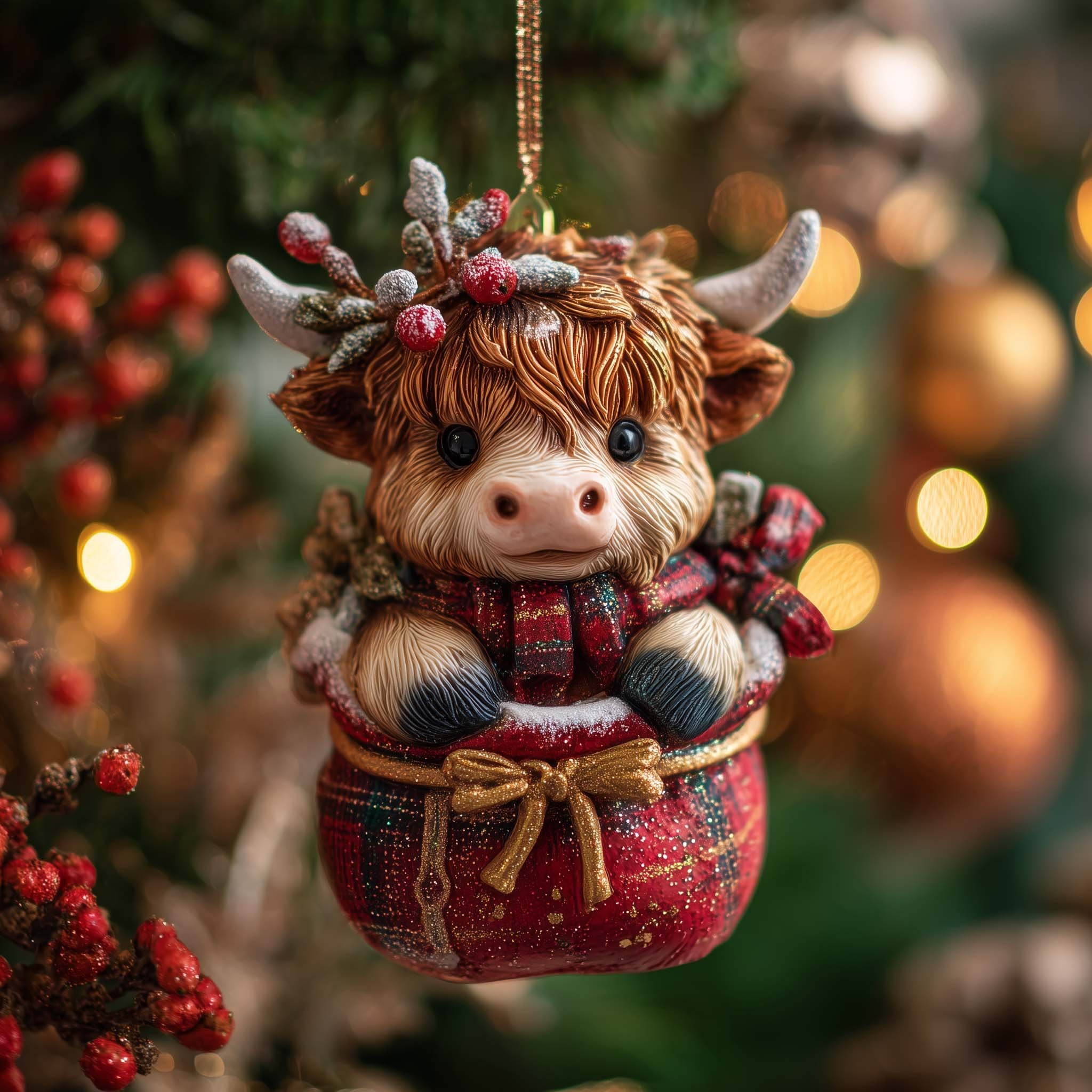 Highland Calf with Winter Berries Christmas Ornament