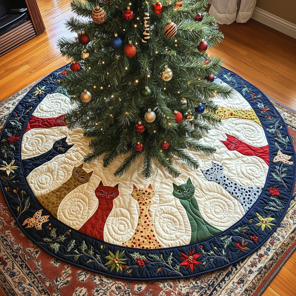 Cats on Cream with Blue Floral Border Christmas Tree Skirt