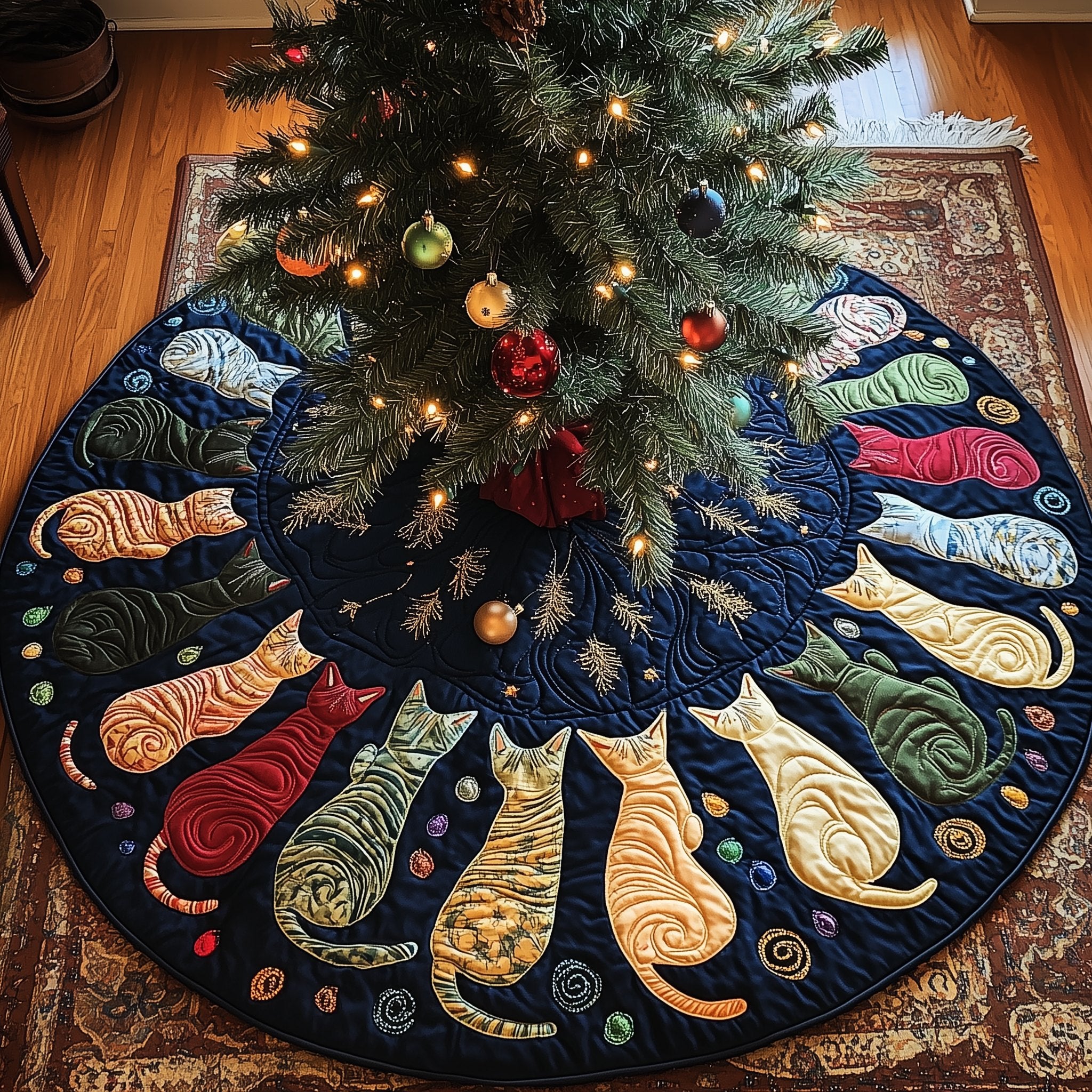 Cats on Navy and Red Wedges Christmas Tree Skirt