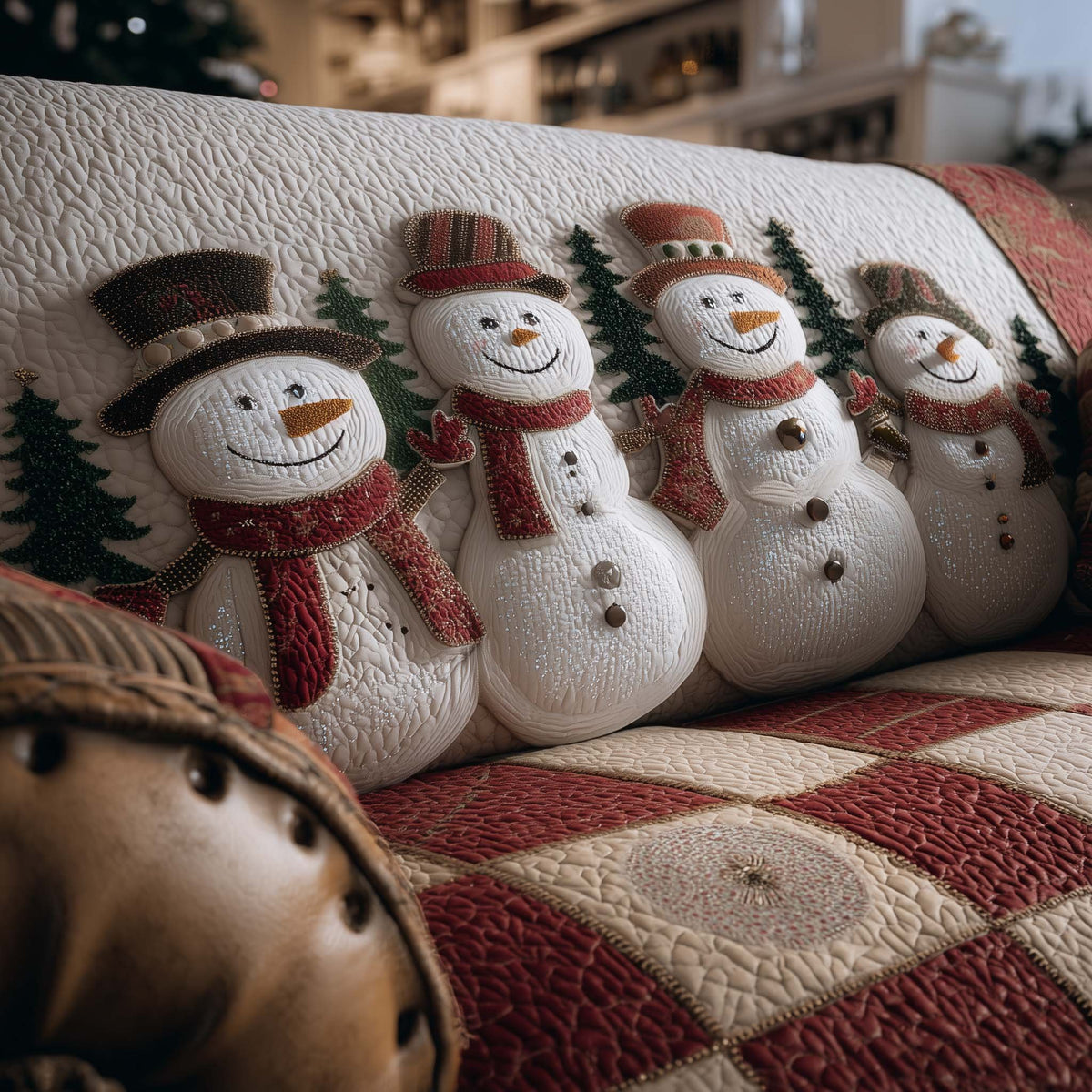 Snowmen Above the Red Check Border Sofa Cover