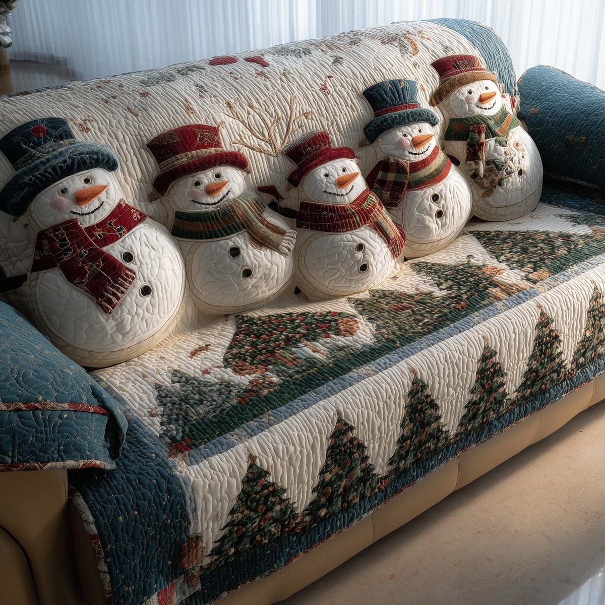Snowmen Over the Green Pine Band Sofa Cover