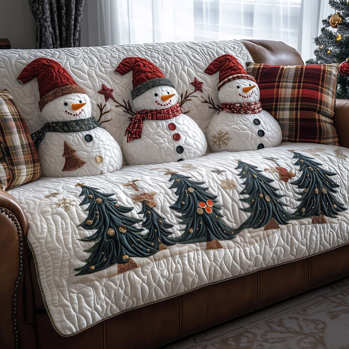 Snowmen Above Navy Evergreens Sofa Cover