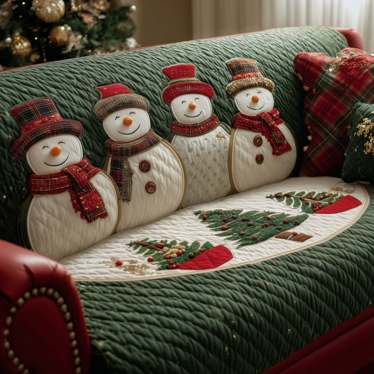 Snowmen with Red Scarves and Holly Sprigs Sofa Cover