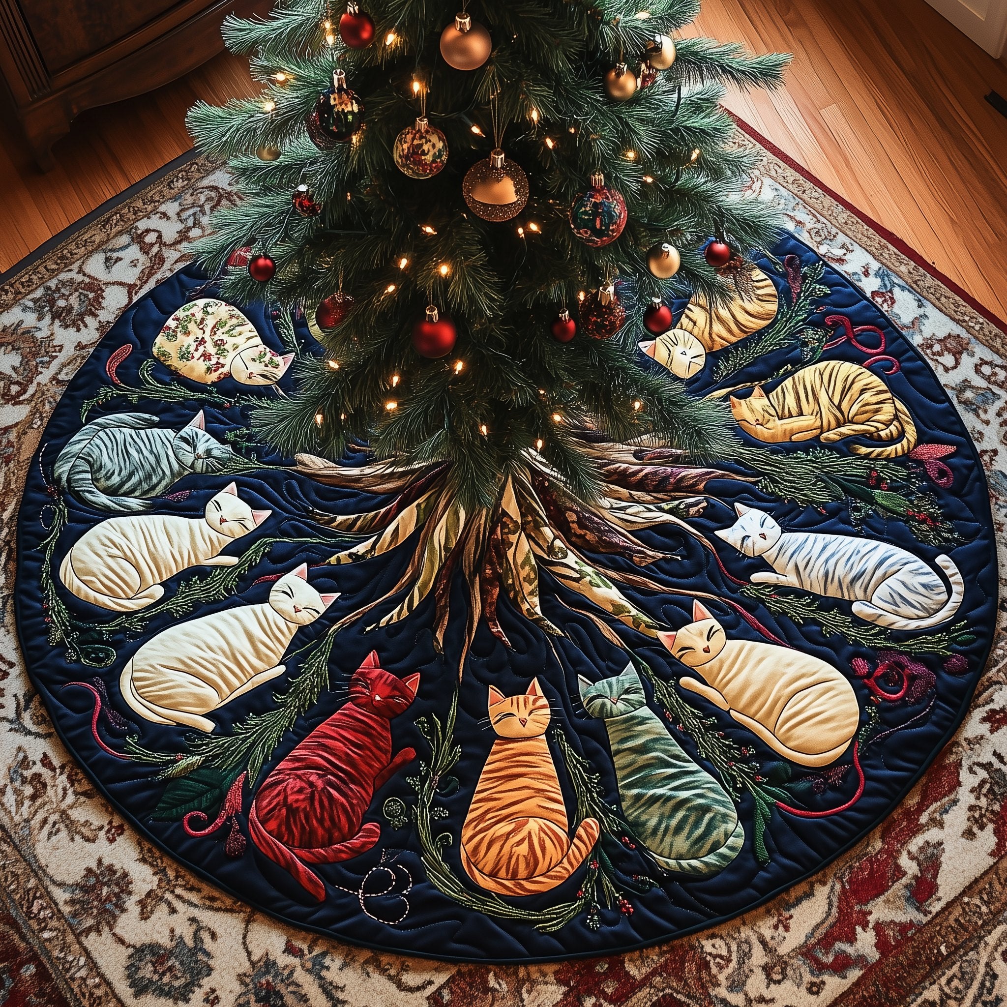 Cats Around the Tree Roots Christmas Tree Skirt