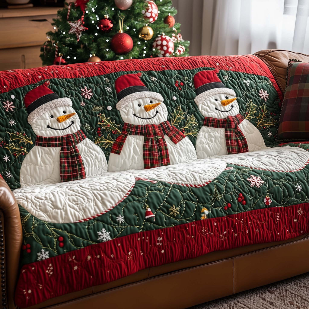 Snowmen on Green and Crimson Stripes Sofa Cover