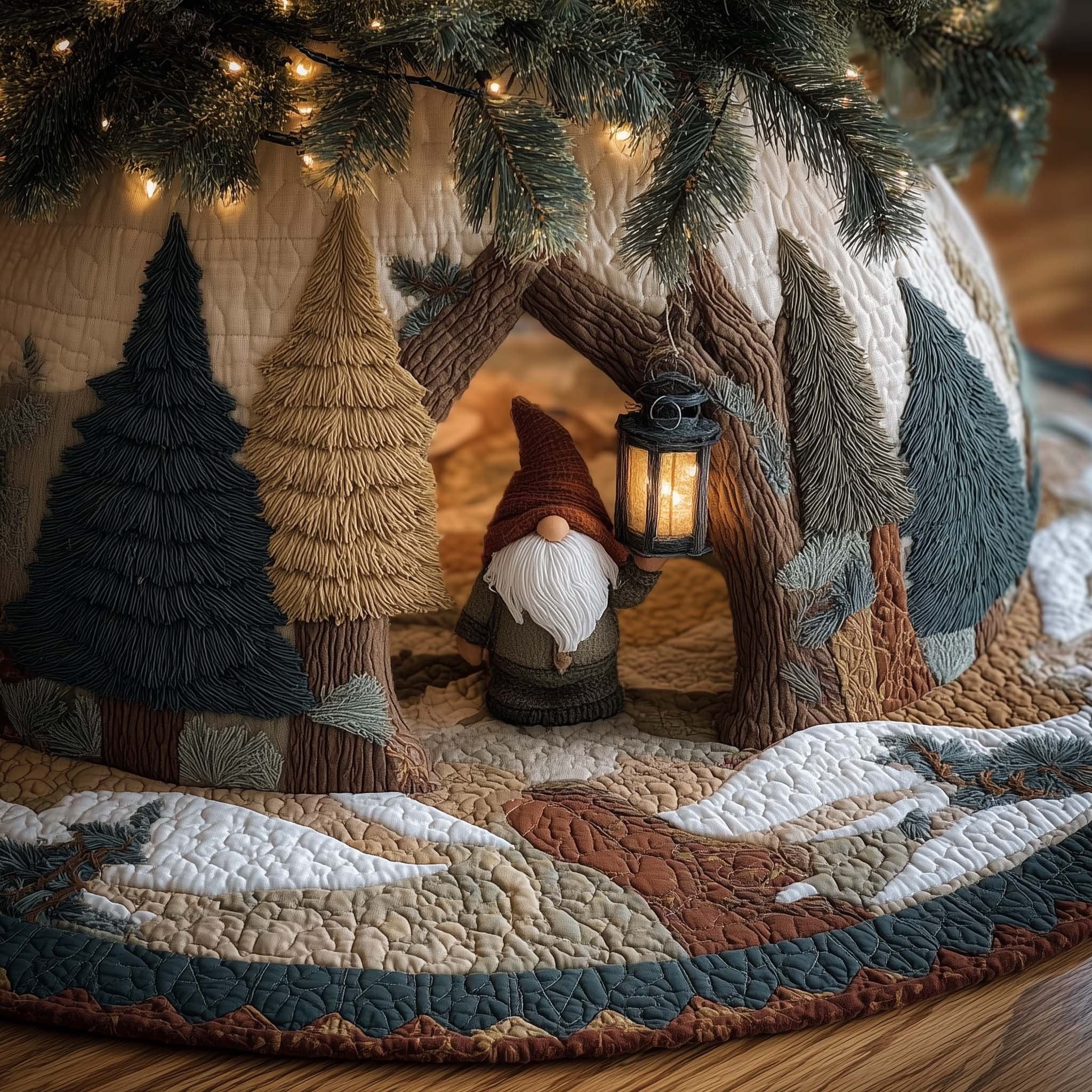 Gnome with Lantern in Snowy Forest Christmas Tree Skirt