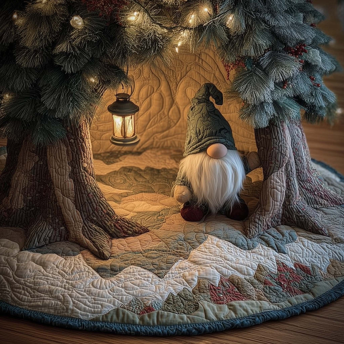 Gnome Beneath a Hanging Lantern Christmas Tree Skirt