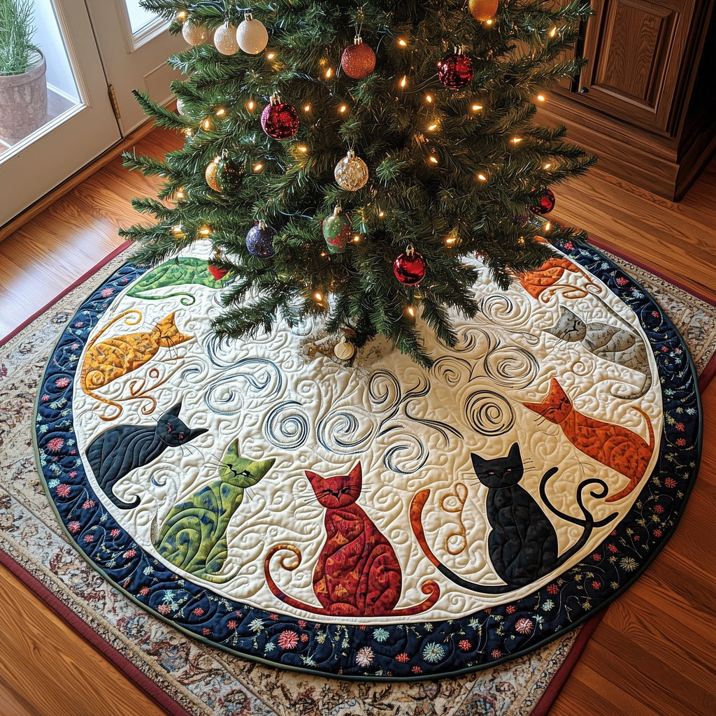 Cats on White with Dotted Border Christmas Tree Skirt