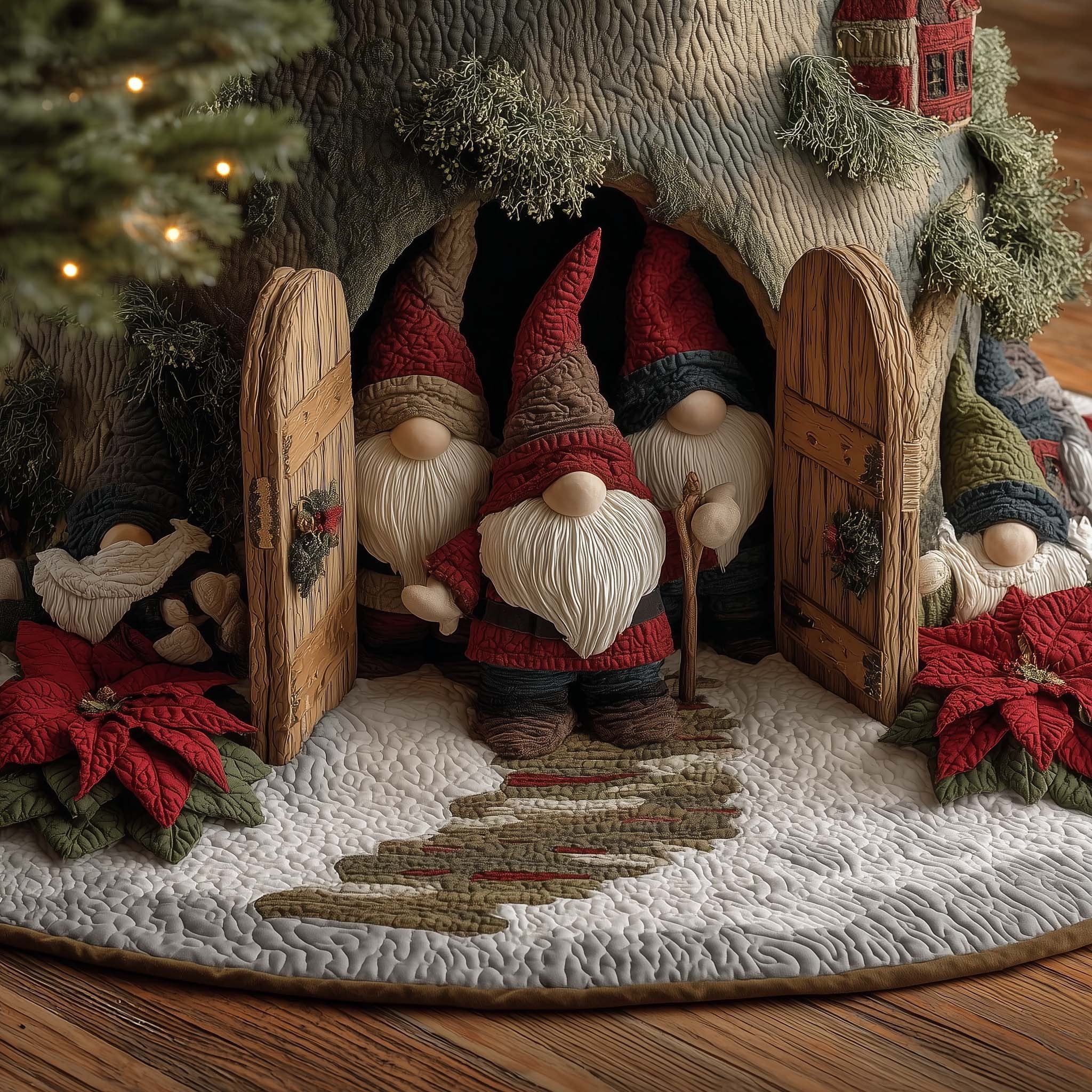 Gnomes at the Open Barn Door Christmas Tree Skirt