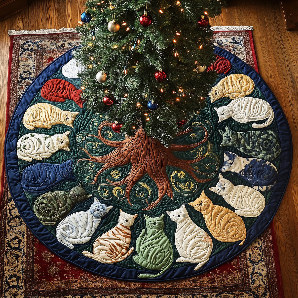 Cats Circling the Green Tree Christmas Tree Skirt