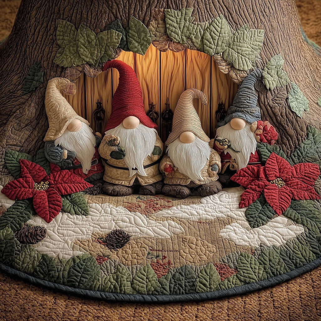 Row of Gnomes with Poinsettias Christmas Tree Skirt