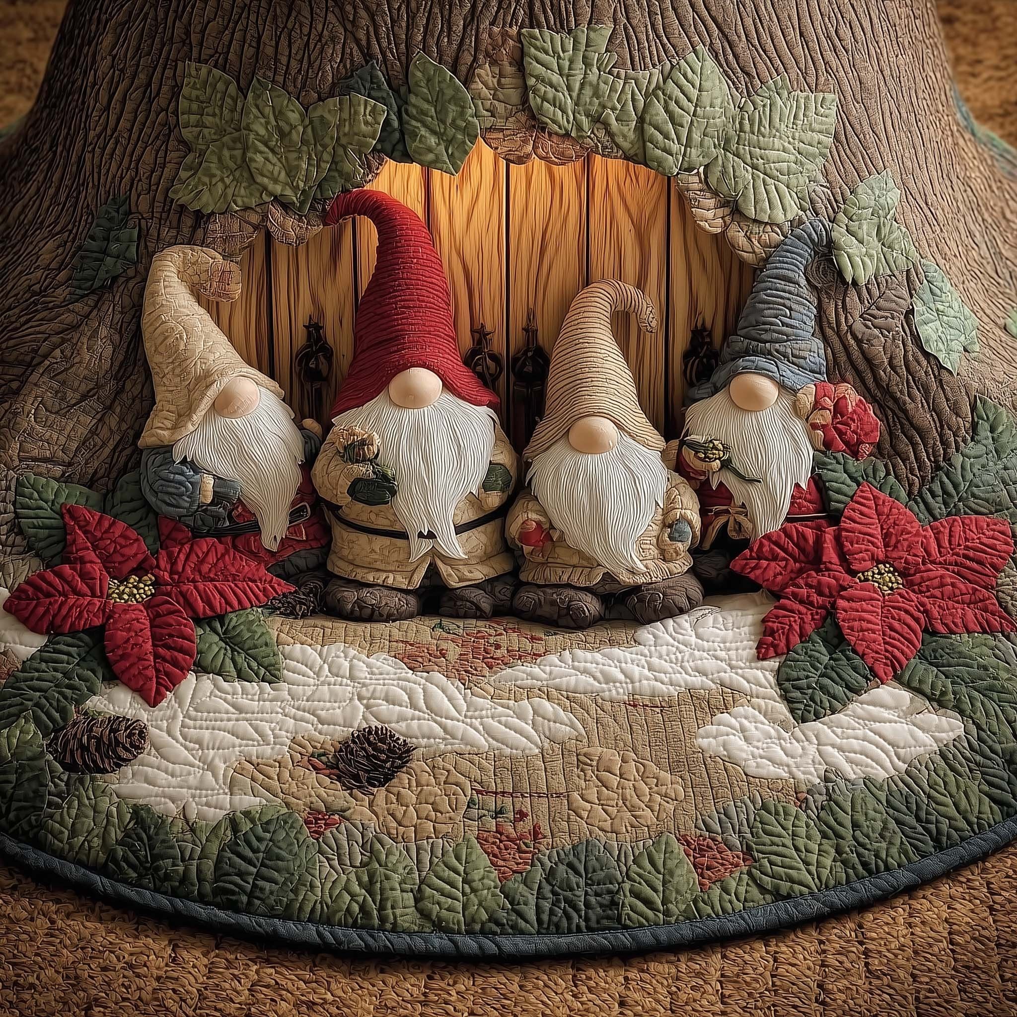Row of Gnomes with Poinsettias Christmas Tree Skirt