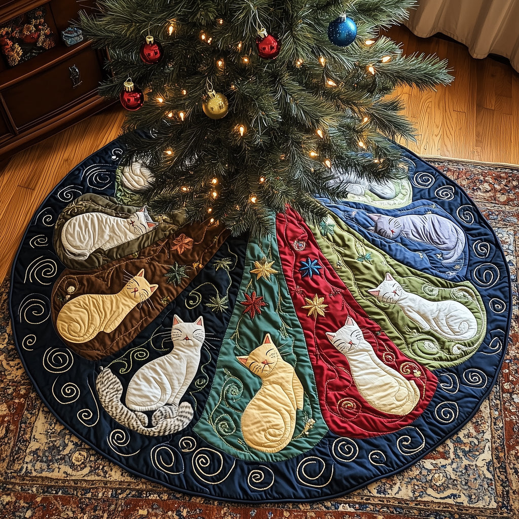 White Cats on Navy and Red Christmas Tree Skirt