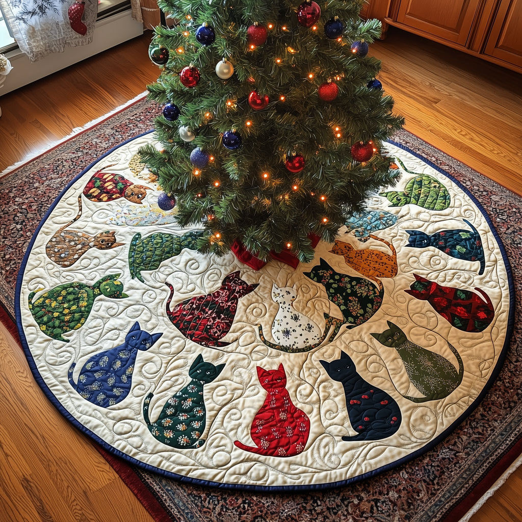 Patterned Cats on Teal and Cream Christmas Tree Skirt