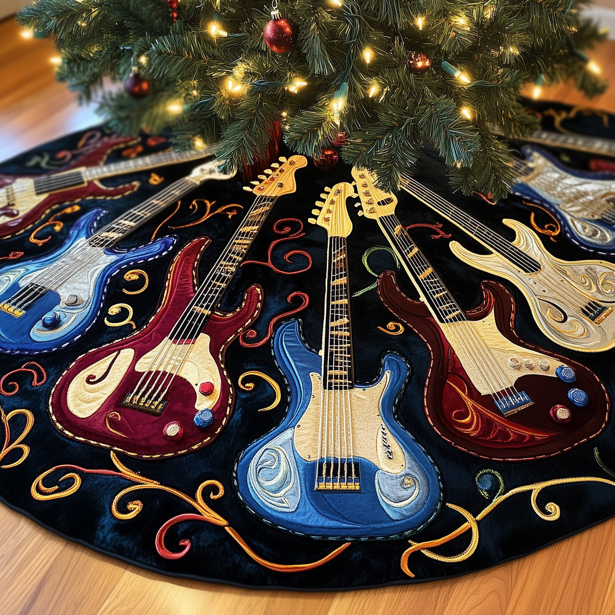 Red and Blue Guitars on Black Christmas Tree Skirt