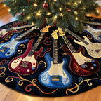 Red and Blue Guitars on Black Christmas Tree Skirt
