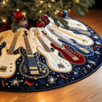 Guitars on White and Navy Panels Christmas Tree Skirt