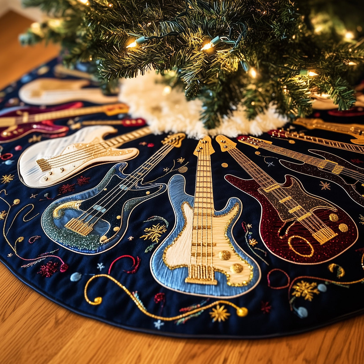 Blue Guitars on Navy Circle Christmas Tree Skirt