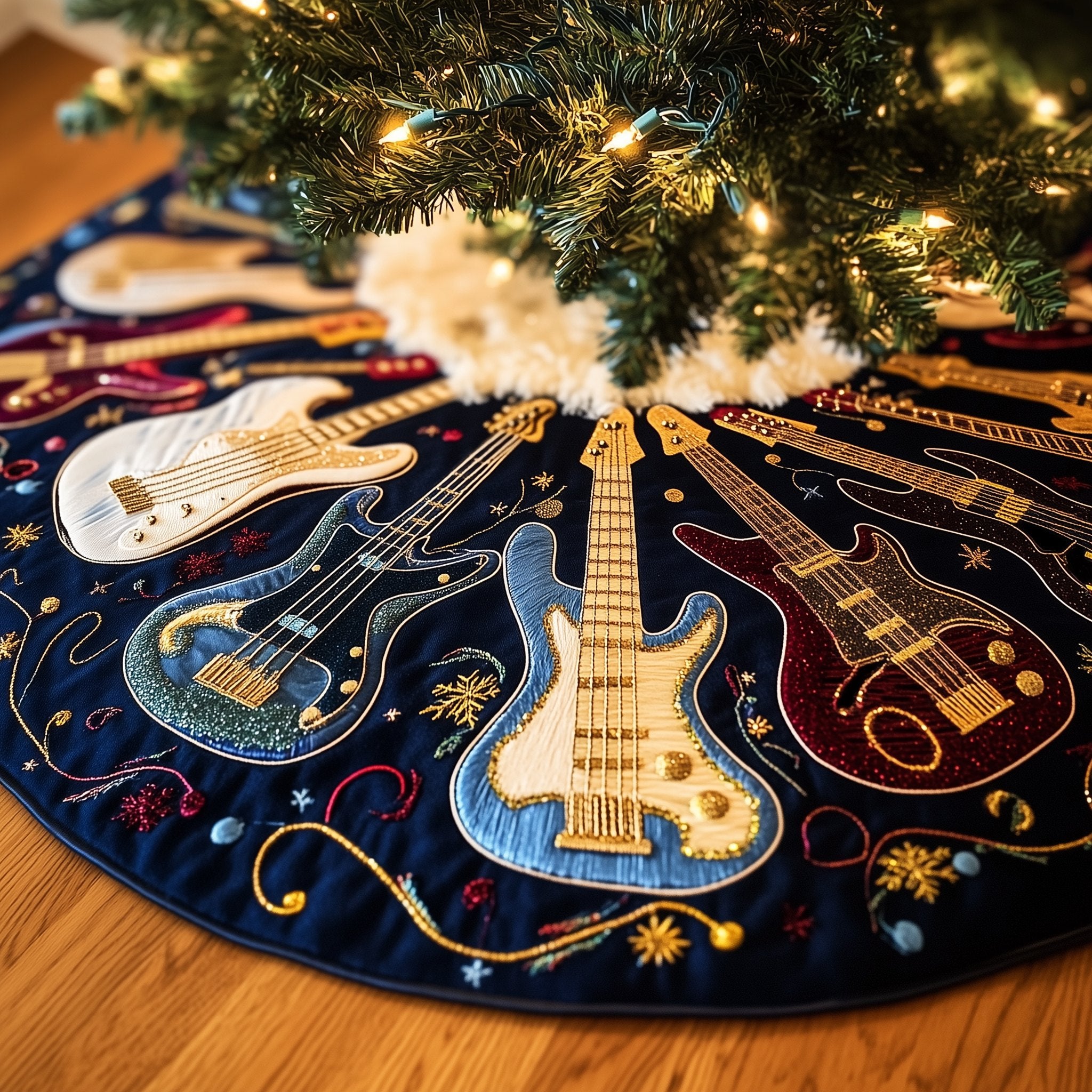 Blue Guitars on Navy Circle Christmas Tree Skirt