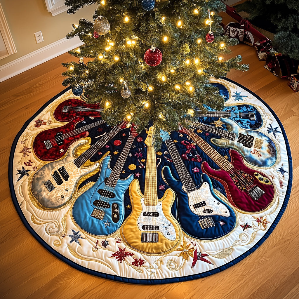 Colorful Guitars in a Starburst Christmas Tree Skirt