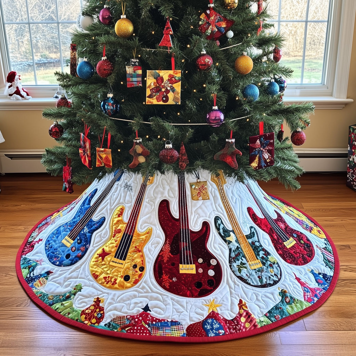 Patch Guitars on the Quilt Ring Christmas Tree Skirt