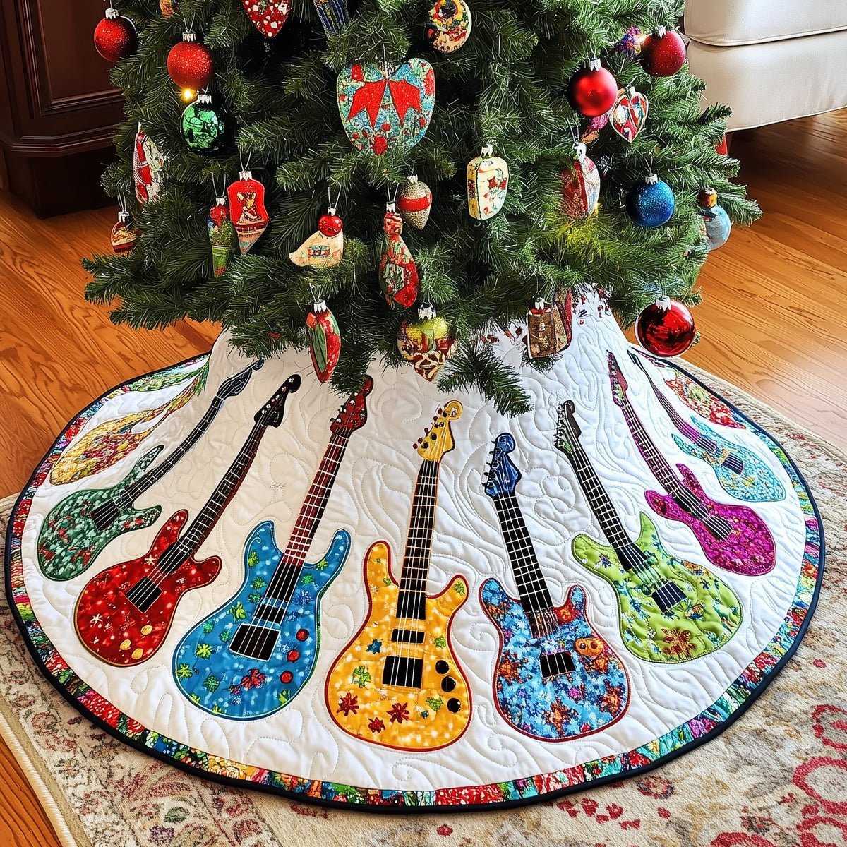 Plaid Guitars in Rainbow Christmas Tree Skirt