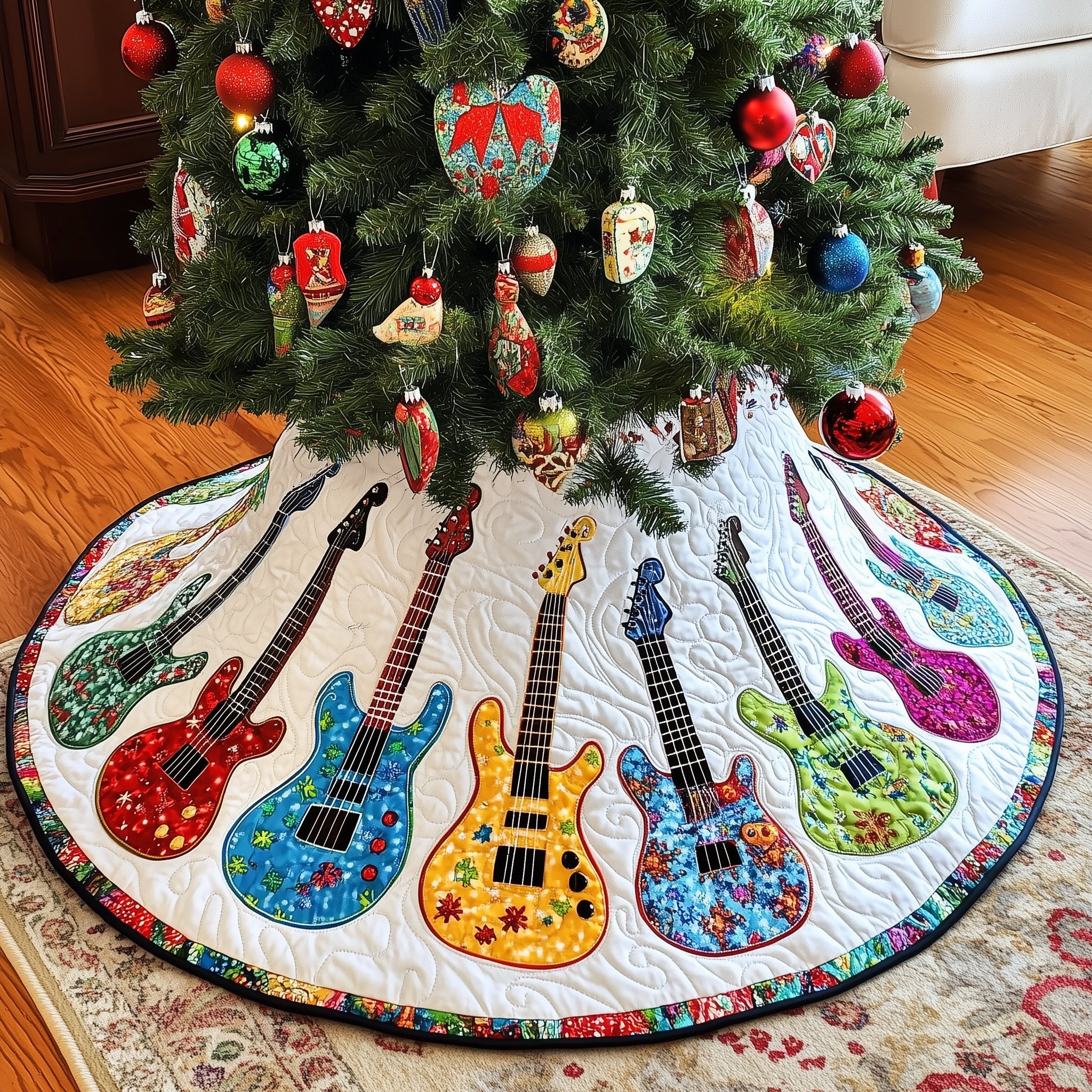 Plaid Guitars in Rainbow Christmas Tree Skirt