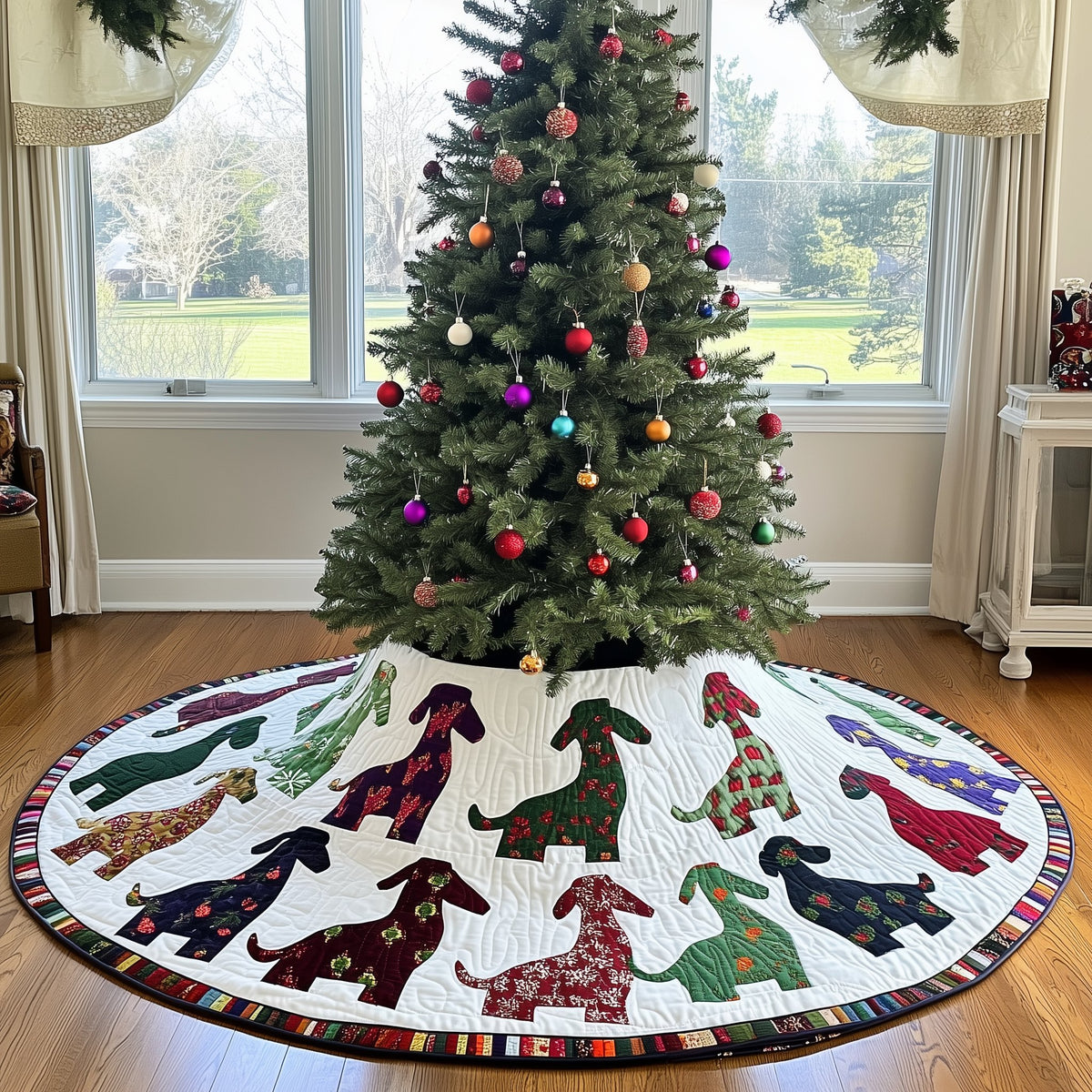 Plaid Dachshunds on Snow White Christmas Tree Skirt