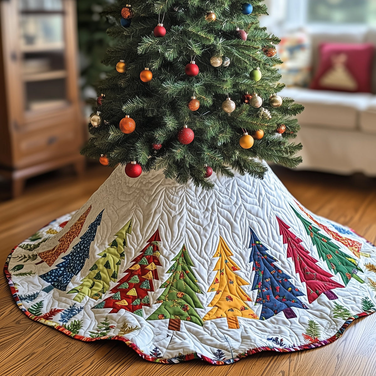 Calico Trees on the Scallop Hem Christmas Tree Skirt