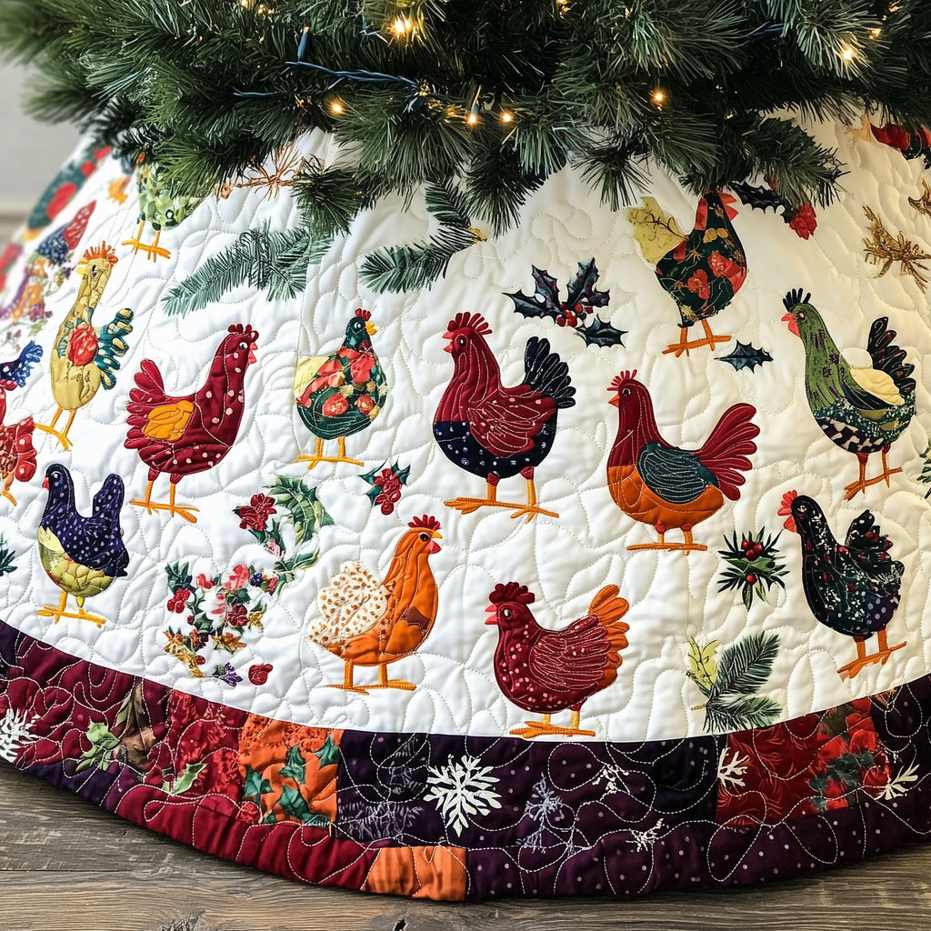 Folk Hens in the Flower Border Christmas Tree Skirt