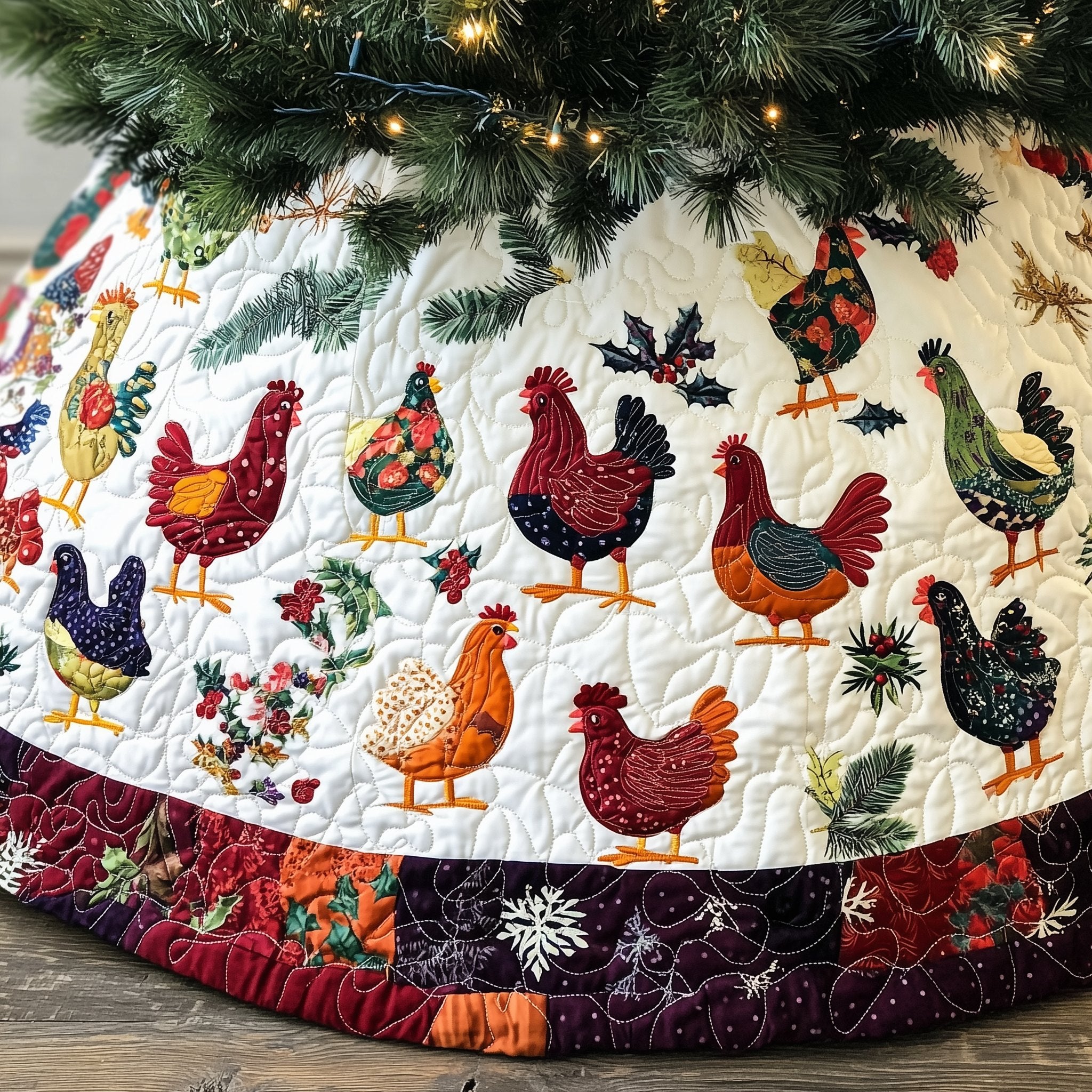 Folk Hens in the Flower Border Christmas Tree Skirt