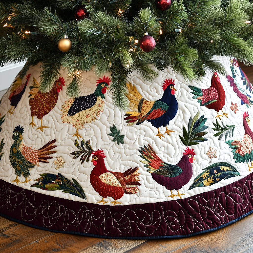 Rooster Flock on Snow White Christmas Tree Skirt